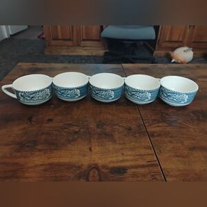 Vintage Blue & White Transferware Cups, "Star of the Road" Horse & Carriage Scen